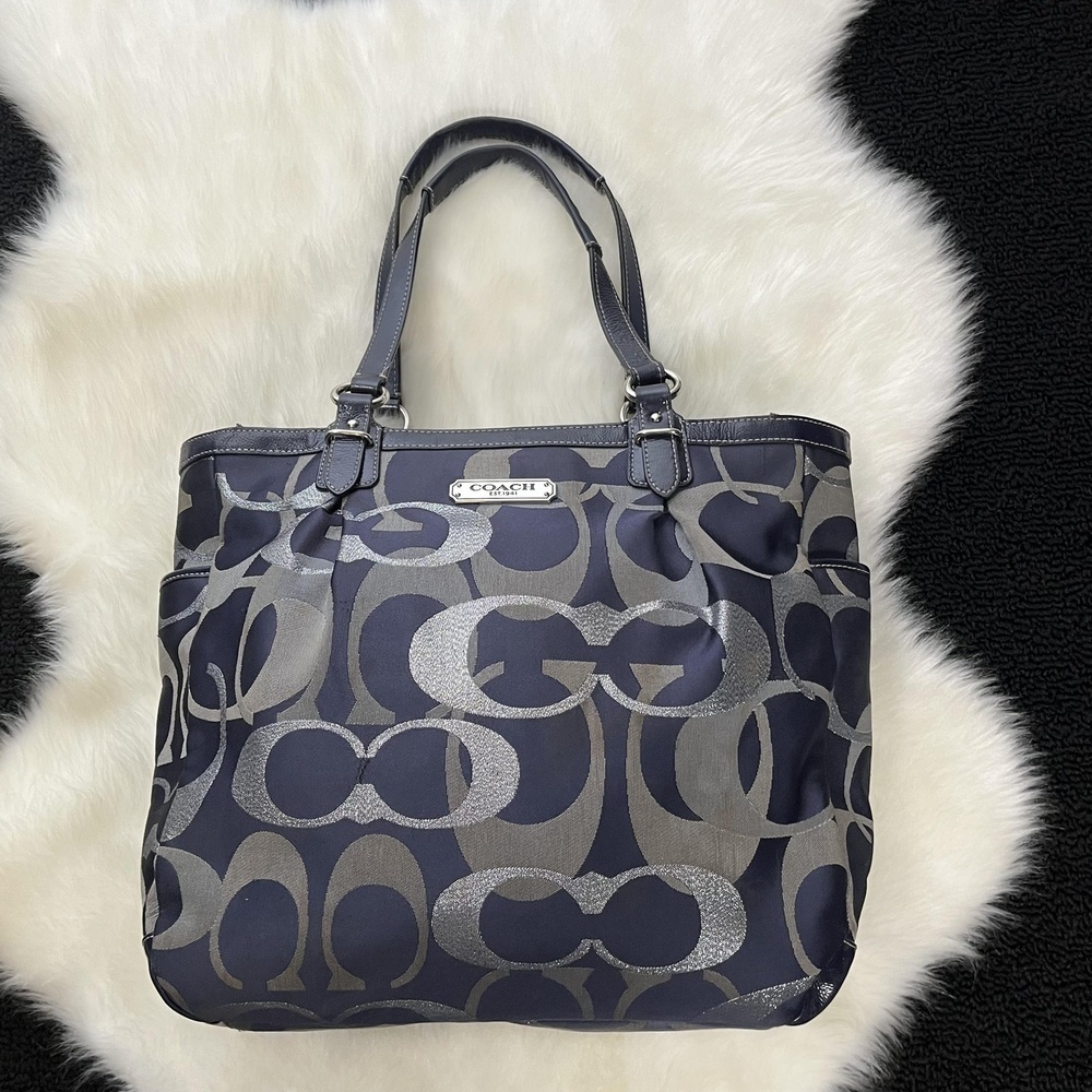 Coach Purse Handbag Womens Large Blue Silver Signature 19675 Op Art Logo
